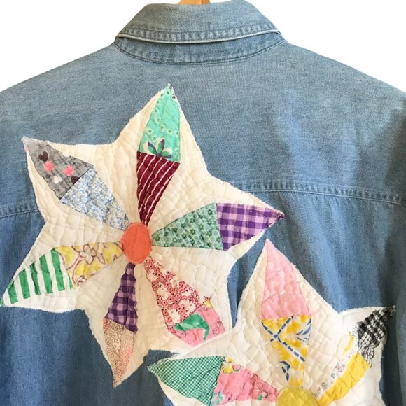Upcycled Jean Shirt Jacket, Size L: Vintage Quilt Patchwork, Boho Wearable Art - Picture 4 of 9